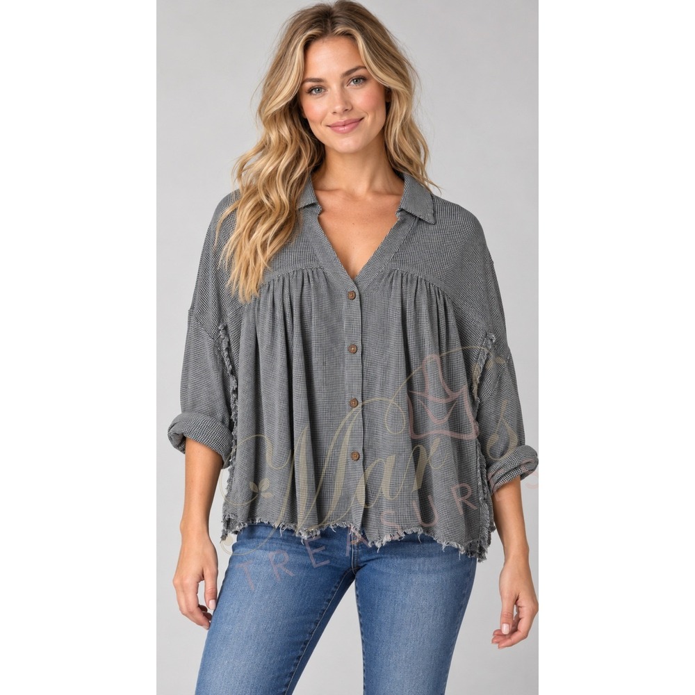 Stitch + Feather Gingham Button Front Flowy Raw Hem Blouse Size S